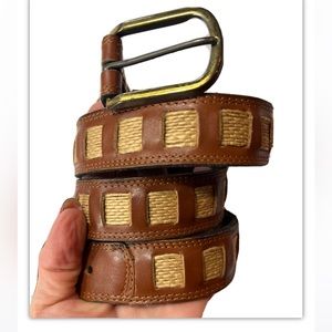 Brown LEATER tan weaved JUTE Belt copper buckle center Lacing 32-36”waist MEDIUM